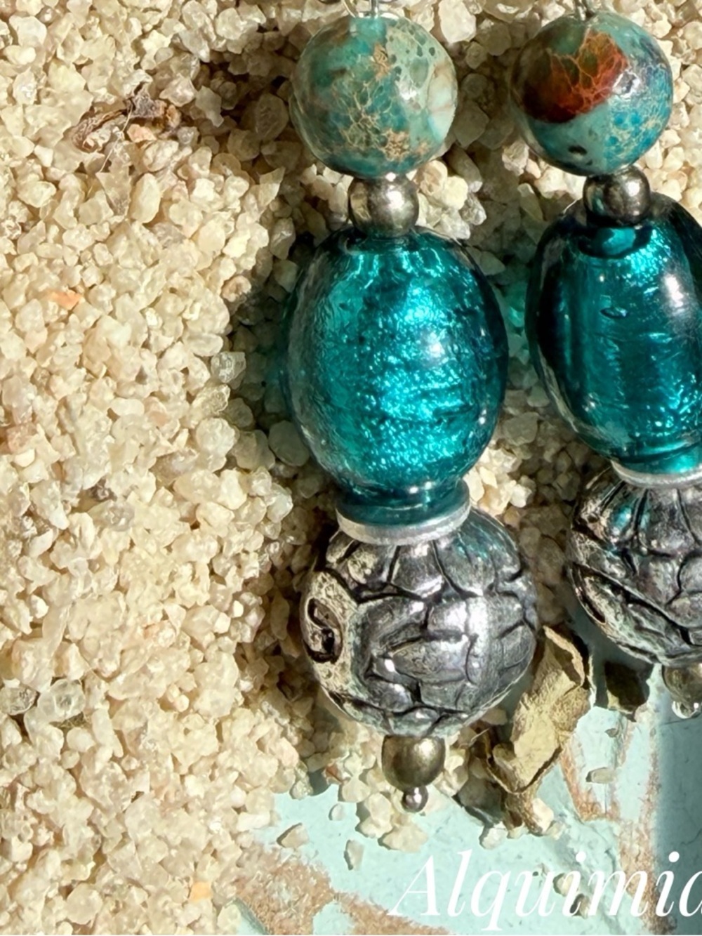 Turquoise  vintage bohemian  silver earrings. - Picture 2 of 4